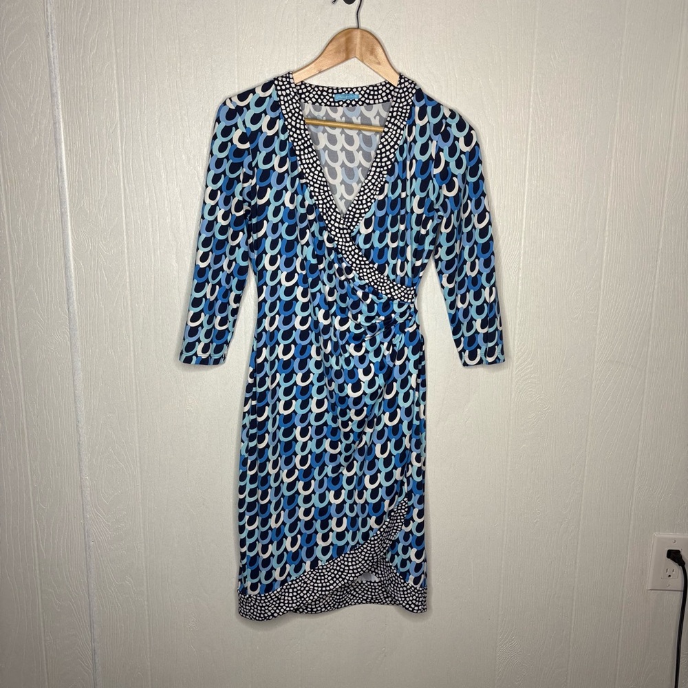J. McLaughlin Catalina Cloth Blythe Faux Wrap Dress Midi 3/4 Length Sleeves Blue